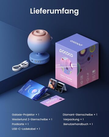 Проєктор зоряного неба POCOCO Sternenhimmel: LED-проектор галактики, планетарій для дітей та дорослих, нічник з ауророю, 2 диски, таймер, рожево-блакитний
