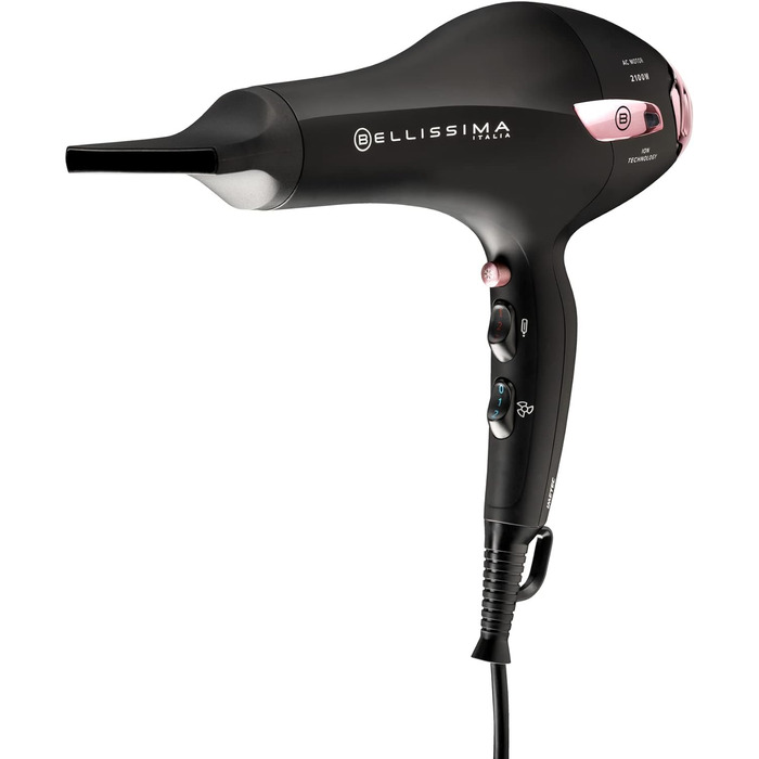 Фен Bellissima P7 3200 з іонізацією, 2100 Вт, професійний мотор, 2 швидкості, 3 температури, насадка-дифузор для локонів, холодне повітря, підсвічування, дорожній футляр, кабельний затискач
