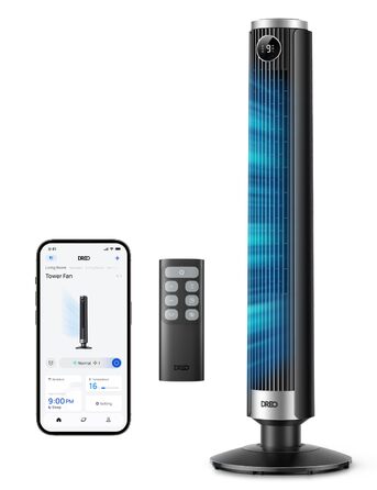 DREO Smart Tower Fan 102-114 см - Вежний вентилятор з пультом, 9 режимів, 4 режими, 90° осциляція, 12 год таймер, DC мотор, надтихий (20 дБ), для дому та офісу, чорний