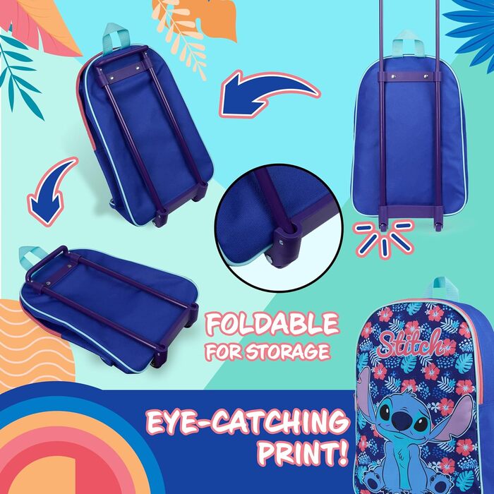 Дитяча валіза Disney Stitch, легкий складаний ручний багаж 39x27 см, 10,5 л, 2 колеса, висувна ручка