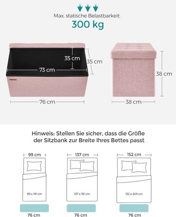 Складаний пуф SONGMICS з місцем для зберігання, 76×38×38 см, до 300 кг, для вітальні, спальні, коридору, попелясто-сірий