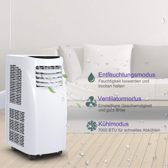 Мобільний кондиціонер COSTWAY 4-в-1, 7000 BTU, осушувач повітря, 2,6 кВт, з пультом, таймером та гнучким шлангом, для кімнат 10-20 м², режим сну, температура 17-30℃