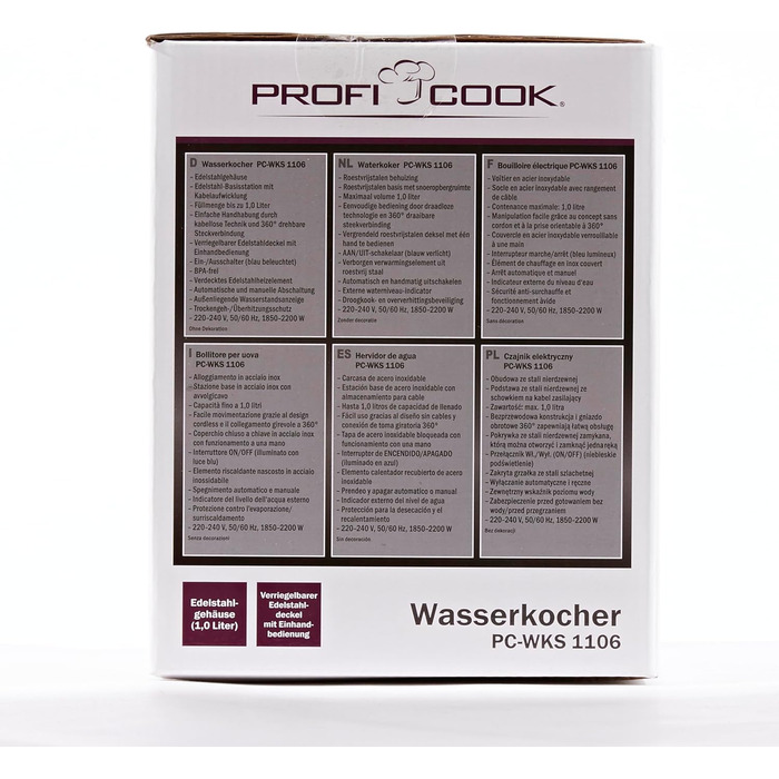 Електрочайник ProfiCook 1 л, нержавійка, 2200 Вт, компактний, BPA-free, одноручне керування, індикатор рівня води, модель PC-WKS 1106