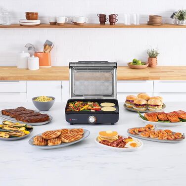 Електрогриль Ninja Sizzle Indoor з антипригарною пластиною, знімною кришкою, лотком для жиру, температурним регулятором та рецептурником, сірий GR101EU
