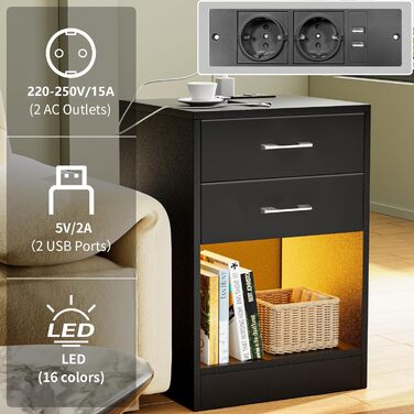 Тумба приліжкова чорна з розеткою та LED-підсвіткою, 2 шухляди, для ліжка-бокспрінг, матова, 40x35x60 см