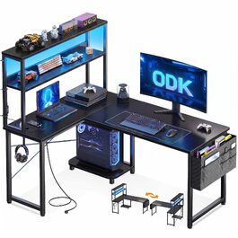 Ігровий кутовий стіл ODK Gaming з LED-підсвіткою, полицею-дисплеєм та розеткою, 110×80 см, чорний — ергономічний комп'ютерний стіл з органайзером