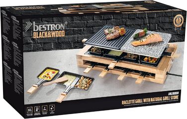 Електричний гриль-раклет Bestron XL на 8 осіб, 1500 Вт, антипригарна та кам'яна поверхня, набір сковорідок, дерев'яний дизайн