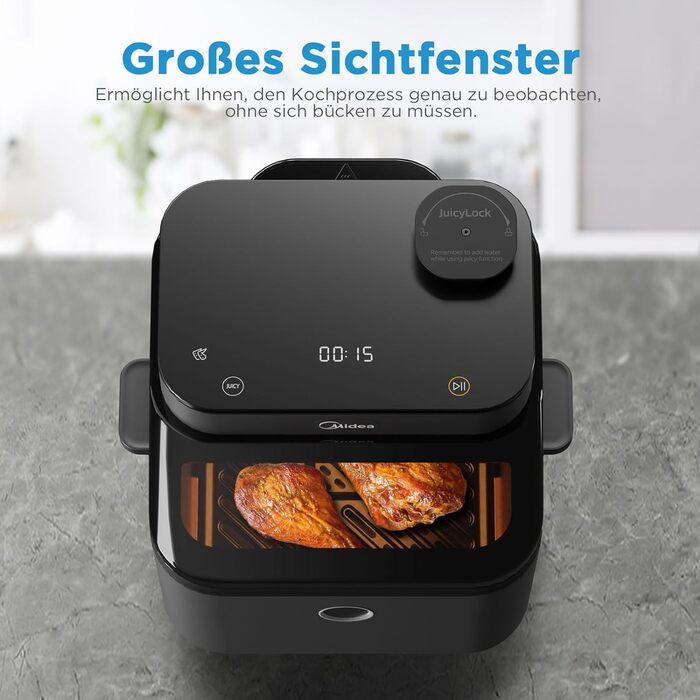 Аерофритюрниця Midea DualTaste 7 л з оглядовим вікном, 8 програм, 1650 Вт, хрусткий та соковитий режим, для запікання, грилю, розморожування, таймер до 12 годин, посудомийна решітка
