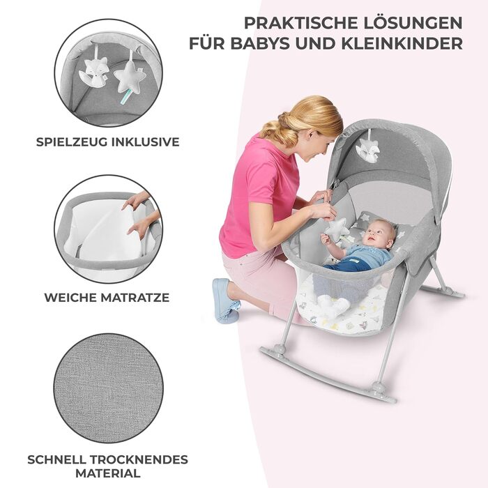 Дитяче ліжко Kinderkraft lOVI 3 в 1: колиска, ліжко-гойдалка, манеж. Сіре, з аксесуарами (москітна сітка, сумка). Від народження до 9 кг