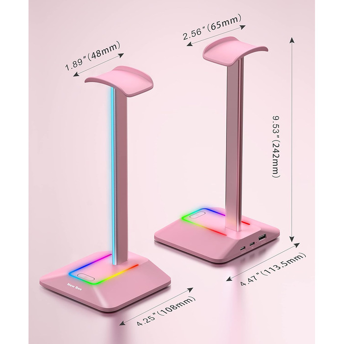 Підставка для навушників New Bee з RGB-підсвіткою, USB Type-C зарядкою та передачею даних, універсальна стійка для геймерських гарнітур, рожева