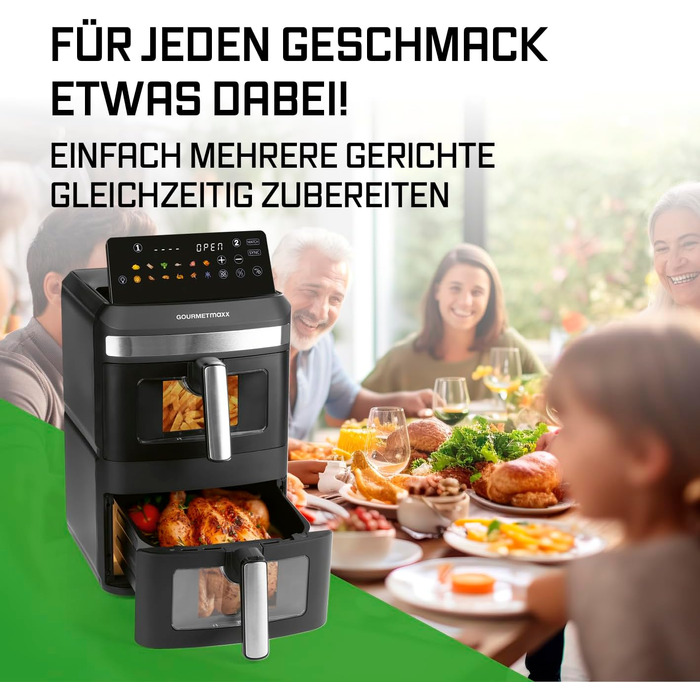Аерофритюрниця GOURMETmaxx AirGenius 10L з двома камерами (2x5Л), сенсорним керуванням та 10 програмами приготування, для 8 осіб