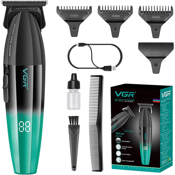 Професійна машинка для стрижки VGR 906 Fresh Fade, 9000 об/хв, бездротовий тример для бороди та волосся з DLC T-лезом, USB зарядка, зелена