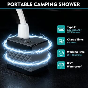 Акумуляторний кемпінговий душ 7500mAh, портативний outdoor-душ з перезаряджуваним насосом, лійкою та шлангом 2м для кемпінгу, автодому, саду та домашніх тварин