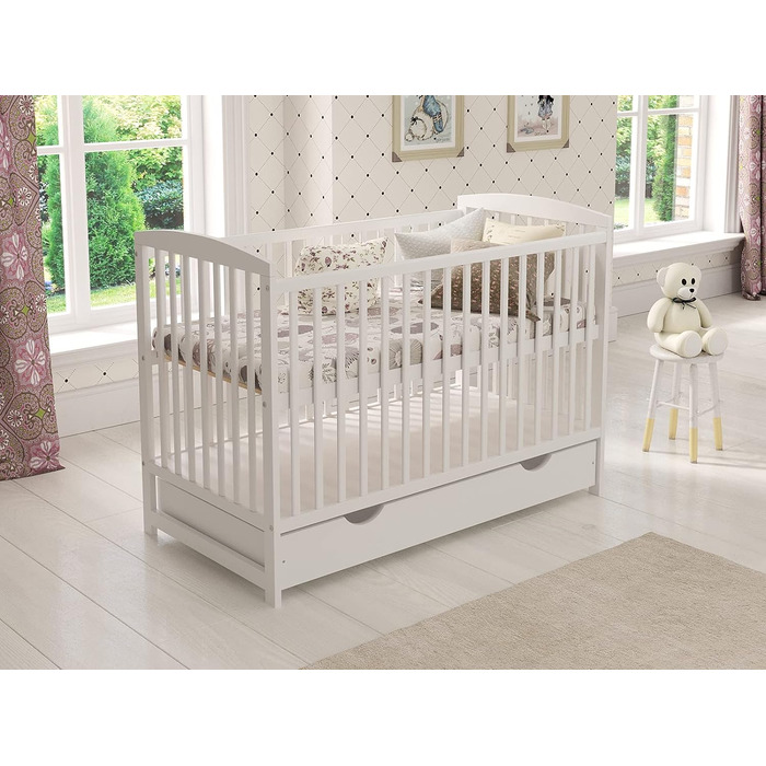 Дитяче ліжечко Love For Sleep 120x60 см з шухлядою, матрацом, дерев'яним бортиком та захисним чохлом, біле