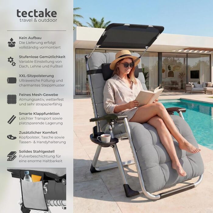 Шезлонг Tectake® розкладний з сонцезахисним дахом, для балкону та саду, місткість до 200 кг, сірий (1 шт.)