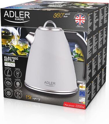 Електрочайник Adler AD 1343, 1.5 л, 2200 Вт, металевий, ретро дизайн, Strix захист, індикатор рівня води, корпус з нержавіючої сталі, 360° база, сірий