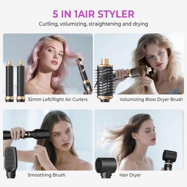 UKLISS Airstyler 5-в-1: Професійний фен-щітка з іонізацією, авто-завивкою 32мм для об'єму, сушіння, випрямлення та завивки волосся будь-якого типу, чорний