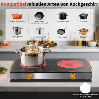 Плита електрична подвійна NOXTON з ручкою 3200W, склокерамічна, 2 конфорки, таймер, захист від дітей - для кухні, кемпінгу