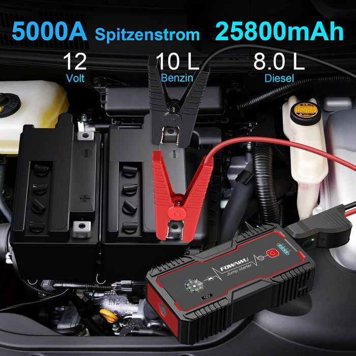 Бустер для автомобіля FOWAWU 2500A 22800mAh: пусковий пристрій для авто з бензиновим двигуном до 8л та дизельним до 6.5л