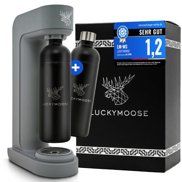 Сифон для газування води Luckymoose Infinity, з 2 пляшками з нержавіючої сталі по 1,25л, сумісний з синіми циліндрами CO2 60л (Сірий/Чорний)