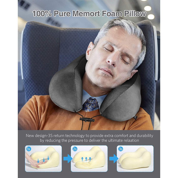Подушка для шиї HOMIEE, подушка для подорожей, автомобіль, memory foam, ортопедична, для сну, офісу, подорожей (сіра)