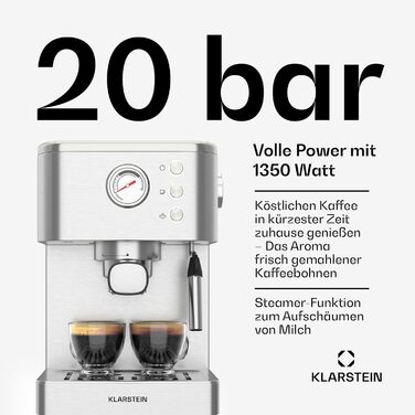 Klarstein SteelPresso Touch – кавомашина еспресо, 1350 Вт, нержавіюча сталь, 1,5 л, сенсорне управління, вбудований капучинатор, компактний дизайн