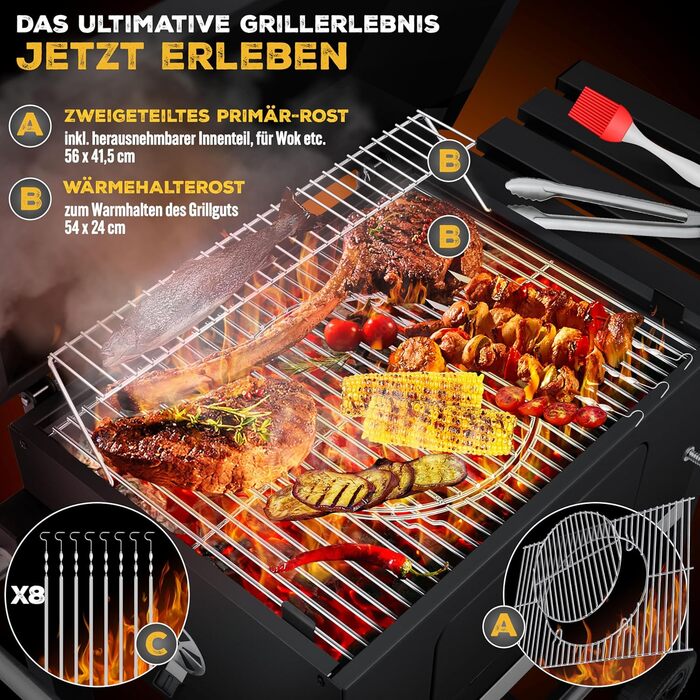 Гриль KESSER® Grillwagen BBQ Smoker XL з коліщатками, термометром та аксесуарами. Чорний котел для барбекю з нержавіючої сталі, решітка та 8 шампурів