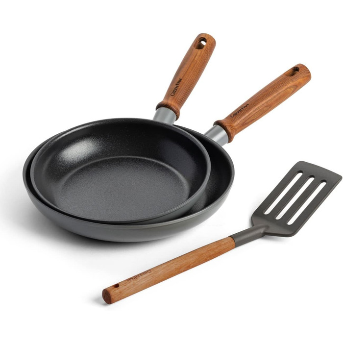 Сковорідки GreenPan Mayflower Pro 20 і 24 см, набір з лопаткою, антипригарне керамічне покриття, без PFAS, для індукції, дерев'яна ручка, сірі