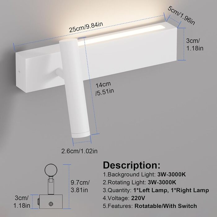 Світильник Klighten LED настінний, 2 шт, 3W+3W, 3000K, чорний алюміній, 2 плафони, 330° обертання, 60° регулювання, для спальні, тепле біле світло, з двома вимикачами