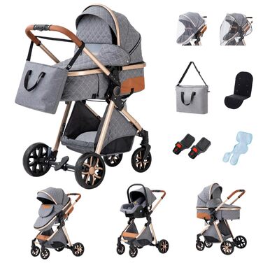 Дитяча коляска Glokid 3 в 1, комбінована коляска з функцією подорожей, включає пеленальний ящик, москітна сітка, дощовик, теплий мішок, складна, положення для лежання, висока позиція (LV9 Сірий)