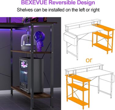 Комп'ютерний кутовий стіл BEXEVUE з розеткою та LED-підсвіткою 120x70 см, ергономічний, з полицями, для дому та офісу (Нусбаум)