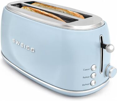 Тостер SWEISS Vintage GRV7 блакитний, 2 відділення, нержавіюча сталь, 6 режимів підсмажування, для багетів, розморожування, 1500 Вт
