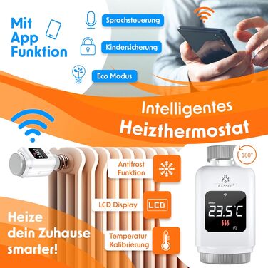 KESSER® WiFi термостат на радіатор опалення з керуванням через додаток Smart Home | Комплект з 6 вентилів, сумісний з Alexa та Google Assistant | Економія енергії та коштів (Білий)