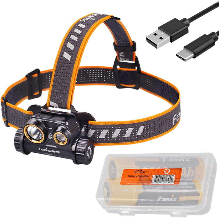 Ліхтар налобний Fenix HM65R 1400 люменів, подвійний промінь, USB-C, акумуляторний, з 2 акумуляторами 3500 мАг та органайзером LumenTac