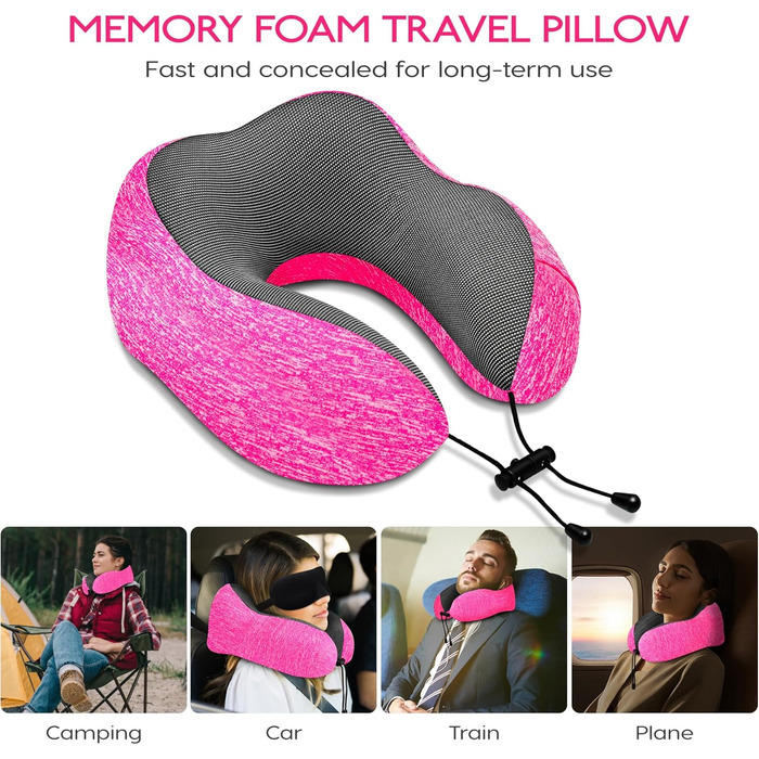 Подушка для подорожей під шию з ефектом пам'яті (Memory Foam) з 3D-маскою для сну та берушами, рожева — ідеальна для літака, авто та офісу