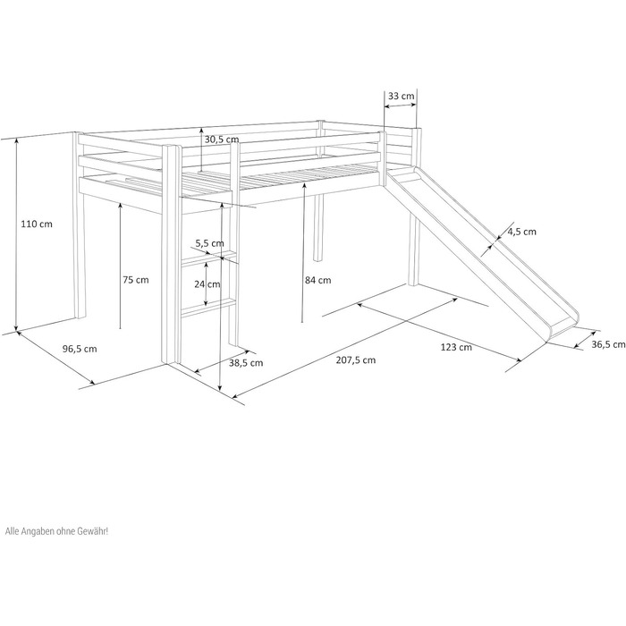 Дитяче ліжко Homestyle4u 90x200 см, біле, з гіркою та рожевим шторкою, дерев'яне ліжко-горище з сосни для дитячої кімнати