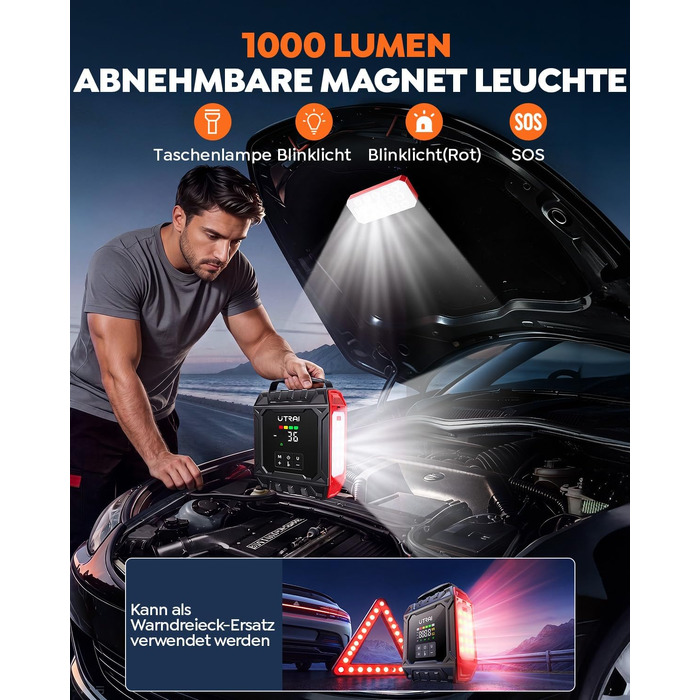 Пусковий пристрій UTRAI 7000A з компресором 160 PSI та Powerbank для авто (бензин та дизель до 12л), магнітний ліхтар 1000 Лм, червоний