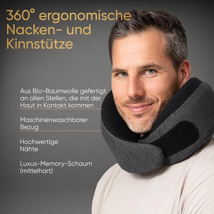 Подорожній нашийник Proglobe Luxe з ефектом пам'яті (Memory Foam), колір антрацит — ергономічна подушка під шию з підтримкою підборіддя та сумкою для зберігання