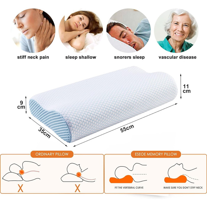 Ергономічна подушка з ефектом пам'яті (Memory Foam) для шиї та підтримки хребта, ортопедична подушка для сну на боці та спині з бамбуковим чохлом, синя