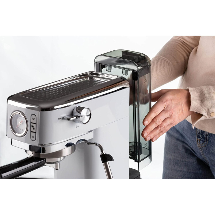 Кавомашина еспресо Ariete Slim Metal 1381 с манометром, 15 бар, для кави в зернах та ESE-падів, капучинатор, 1300 Вт, срібляста