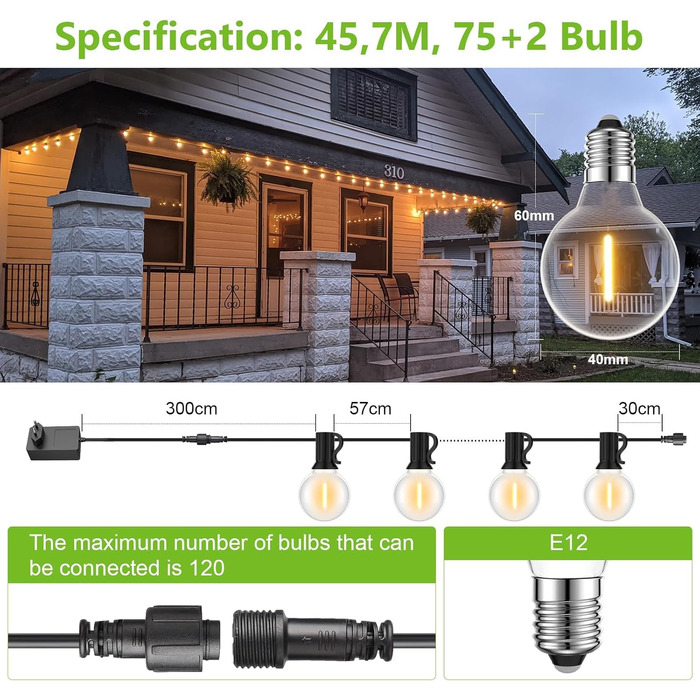 LED гірлянда вулична 45.7м 150 LED, 24V для саду, тераси, вечірок, декору