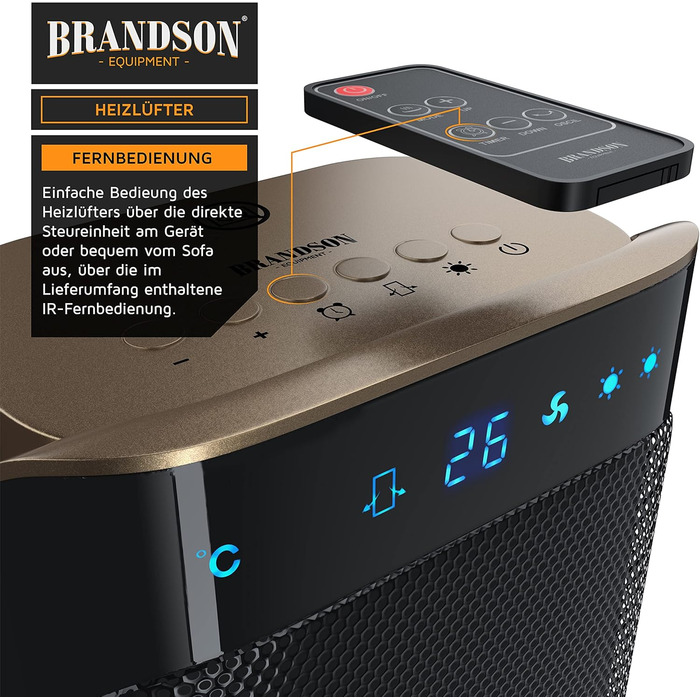 Керамічний обігрівач Brandson з дистанційним керуванням для ванної кімнати, енергозберігаючий, тихий, з осциляцією, 2 режими нагріву, таймер, сертифікат GS, золото