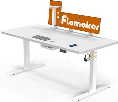 Електричний регульований стіл Flamaker 140x70 см, телескопічна висота 74-133 см, з пам’яттю, USB-портом, роликами, гачком, бежево-білий