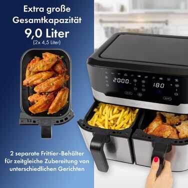 ProfiCook Подвійна аерофритюрниця 9 л XXL, 2400 Вт, 9 програм, сенсорне управління, подвійна камера, без олії