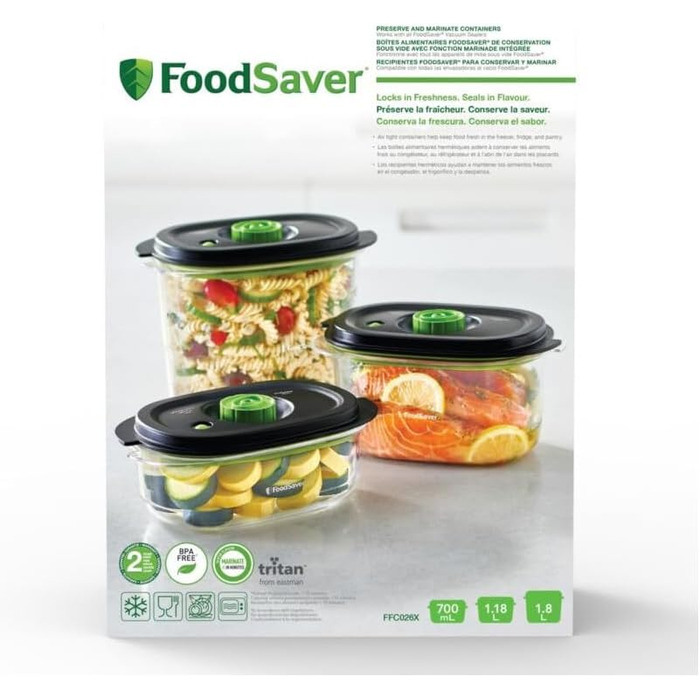 Набір вакуумних контейнерів FoodSaver Preserve & Marinate для зберігання та маринування продуктів, герметичні, BPA-free, 3 шт (700 мл, 1.2 л, 1.8 л)