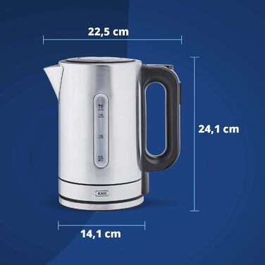 Електрочайник KHG WK-1703 ES з нержавіючої сталі, 1,7 л, 2200 Вт, 5 температурних режимів (50-100°C), захист від накипу, індикатор рівня води, захист від перегріву, авто-вимкнення, прихований нагрівальний елемент, BPA-free