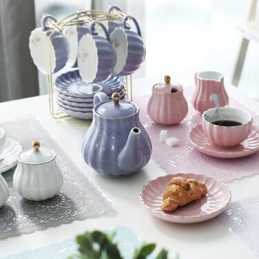 Чайний сервіс Sweejar Home Porzellan British Royal, 6 персон, з чайником, цукорницею, ложками та ситечком, для High Tea (FloralD), фіолетові чашки