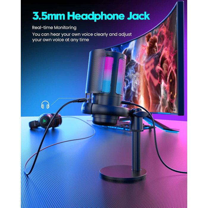 Ігровий мікрофон COCONISE RGB для ПК, стримінгу, подкастів, PS4, PS5, Mac. USB мікрофон з регулюванням гучності та 3.5 мм роз'ємом.