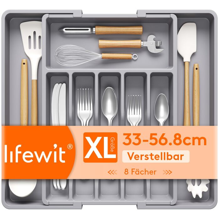 Органайзер для столових приборів у шухляду Lifewit, великий кухонний роздільник на 6-8 секцій, сірий, глибина 42.4 см