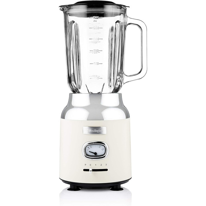 Стаціонарний блендер Westinghouse Retro 1.5 л, скляна чаша, 600 Вт, 3 швидкості, пульс, 6-лопатевий ніж, нержавіюча сталь, BPA Free, білий